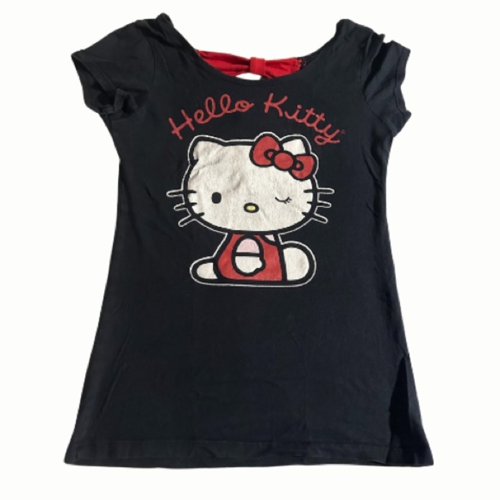 Hello Kitty Y2K Vintage 2000s Sanrio Black and Red Top with Bow Back Details S